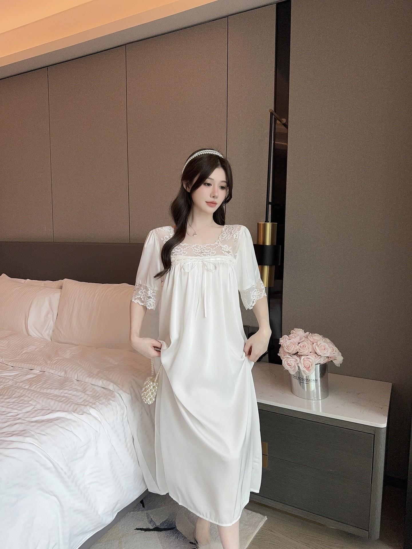 Women s Retro Court Style Short Sleeve Pajama Dress - Summer Sexy, Luxuriously Loose Homewear.