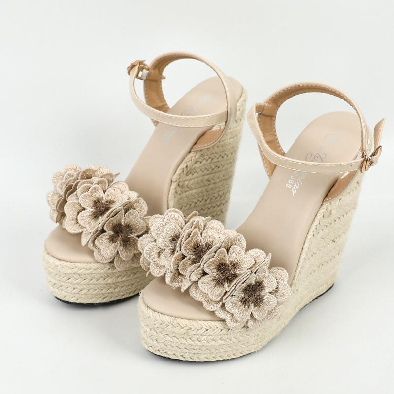 Summer Fashion Flowers Open Toe Solid Weave Platform Wedges High Heels Women Sandals Buckle Strap Shoes Sandalias De Mujer