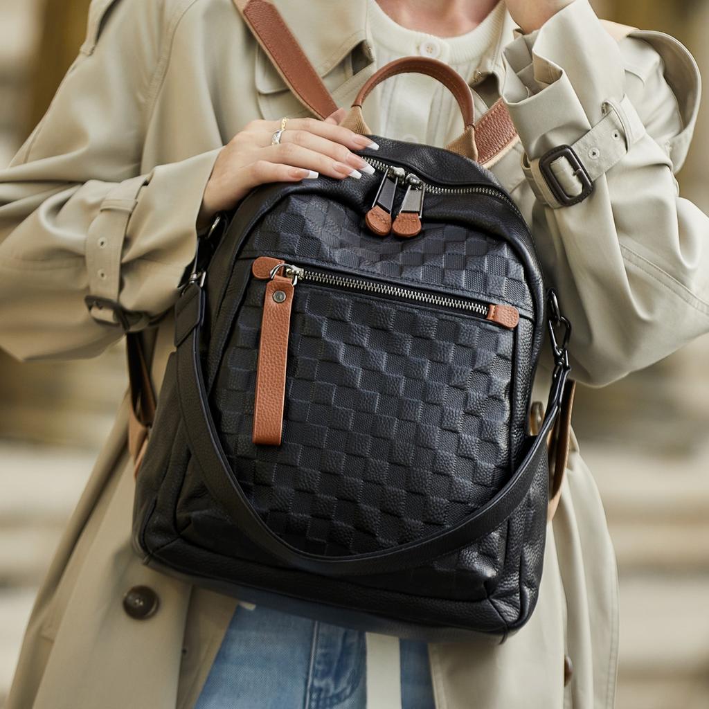 Handmade Full Grain Genuine Leather Backpack Designed Plaid Large Capacity School Bag