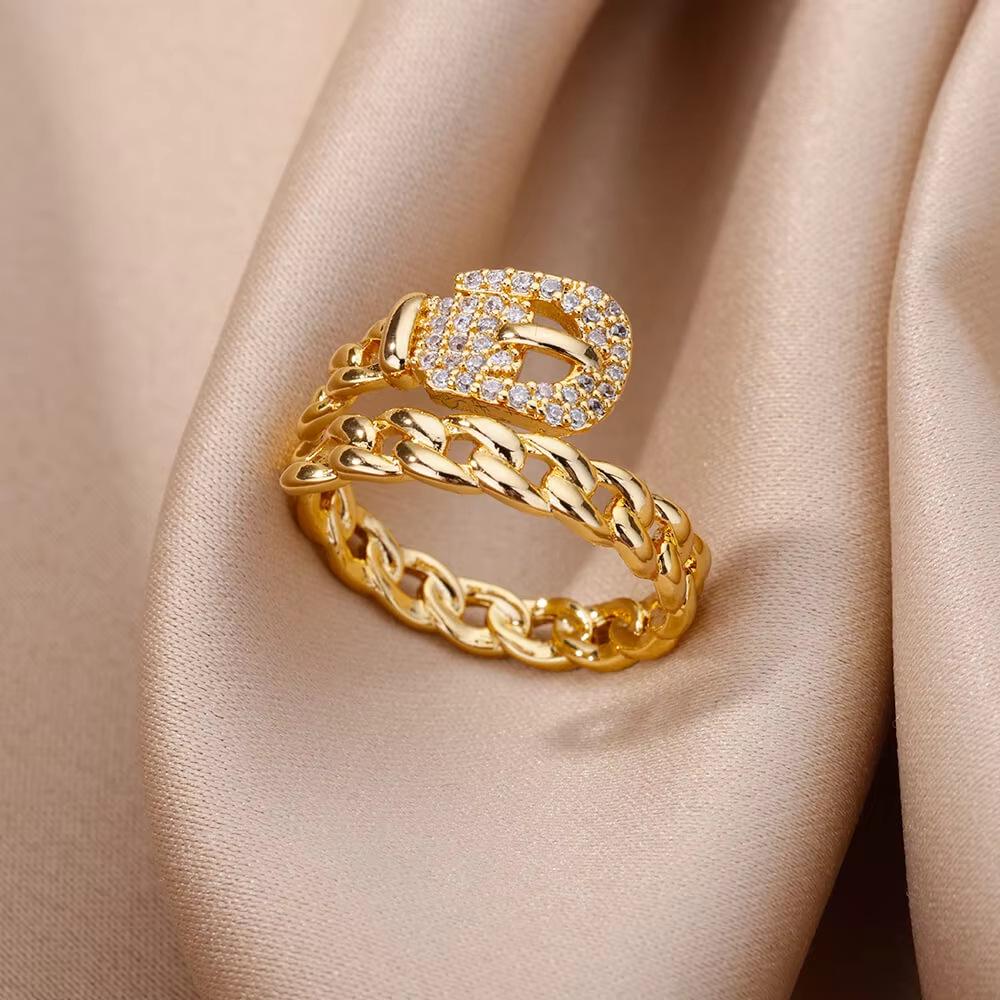 18K Gold Plated Open Ring with Zirconia Leaf Design - Luxurious, Non-Fading, Ideal for Women