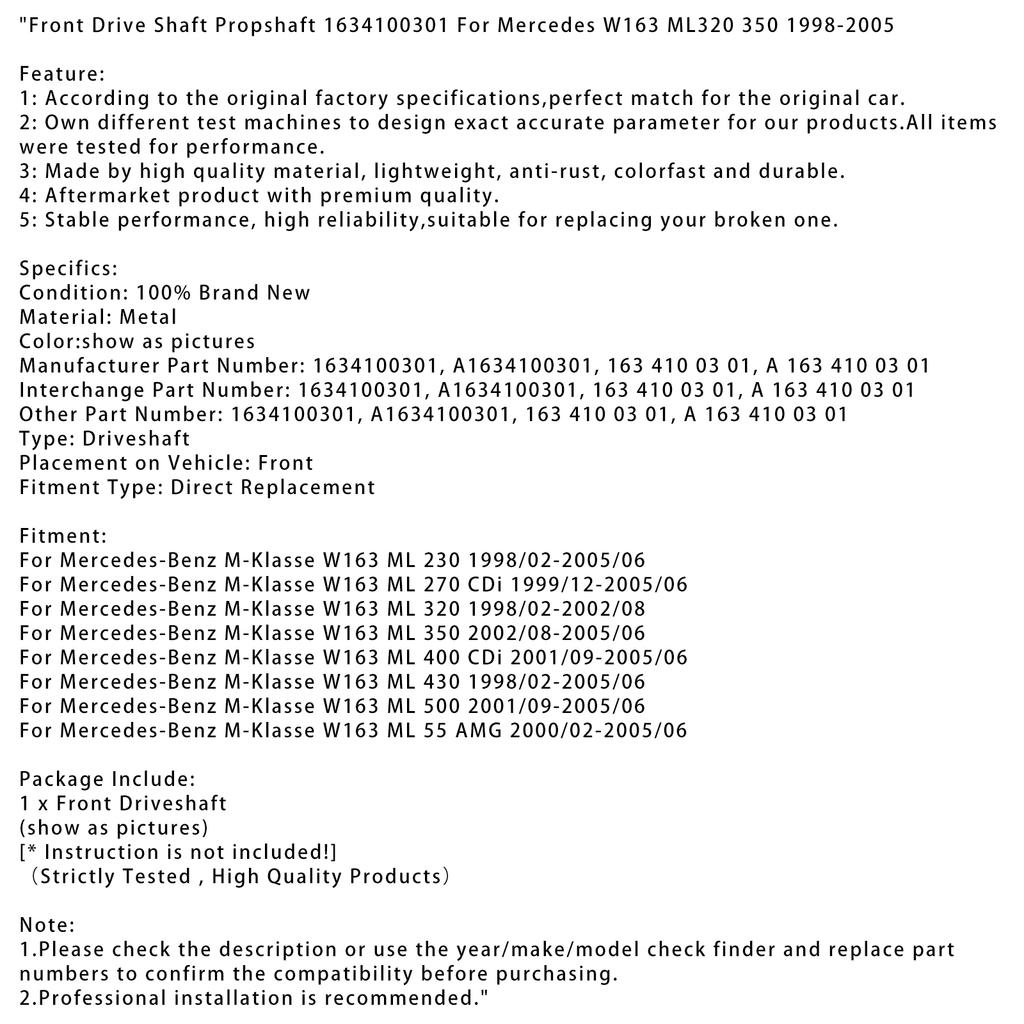 Front Drive Shaft Propshaft 1634100301 For Mercedes W163 ML320 350 1998-2005