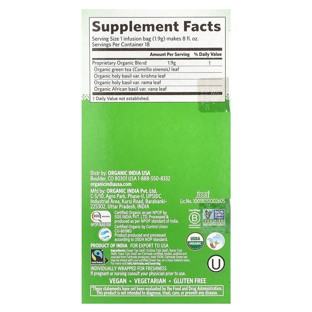 Organic India Tulsi Green Tea Bags, 18 Count, 34.2g (1.21oz)
