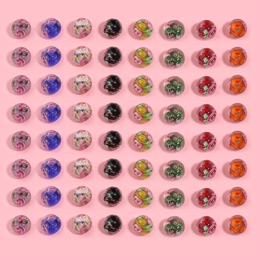 10Pcs 8mm Lampwork Transparent Flower Beads Glass Loose Round Beads For Handmade Women Bracelet Making DIY Jewelry Supplies