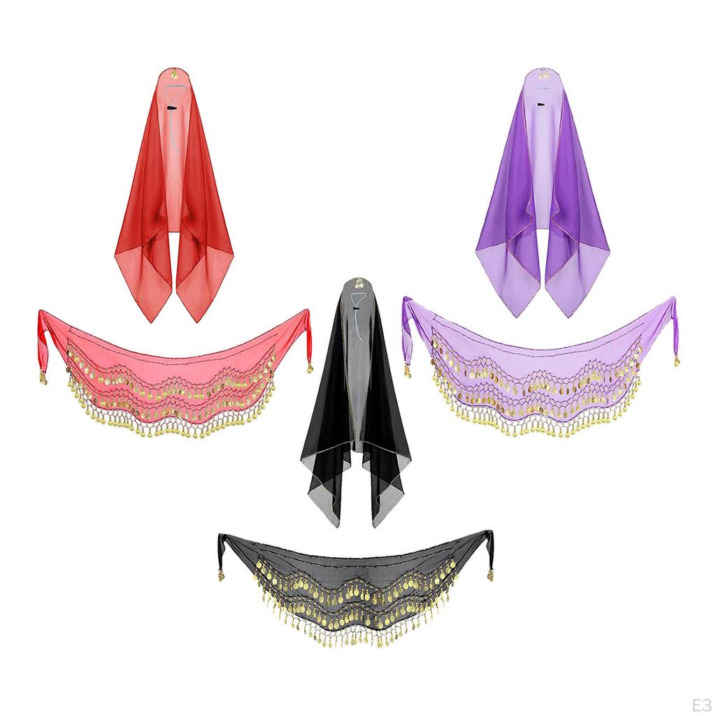 Fustă de Dans din Buric și Eșarfă de Cap Costum de Dans Ajustabil cu Ciucuri cu Paiete pentru Festival