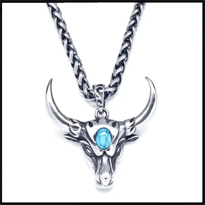 Gotický zelený kámen býčí lebka náhrdelník přívěsek punkový zvířecí náhrdelník pánský taurus zvěrokruhový amulet šperky dárek k výročí
