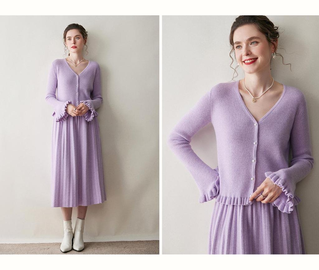 Women's V-neck Ruffle Bell Sleeve Cashmere Cardigan - Soft Knitted Loose Fit Sweater