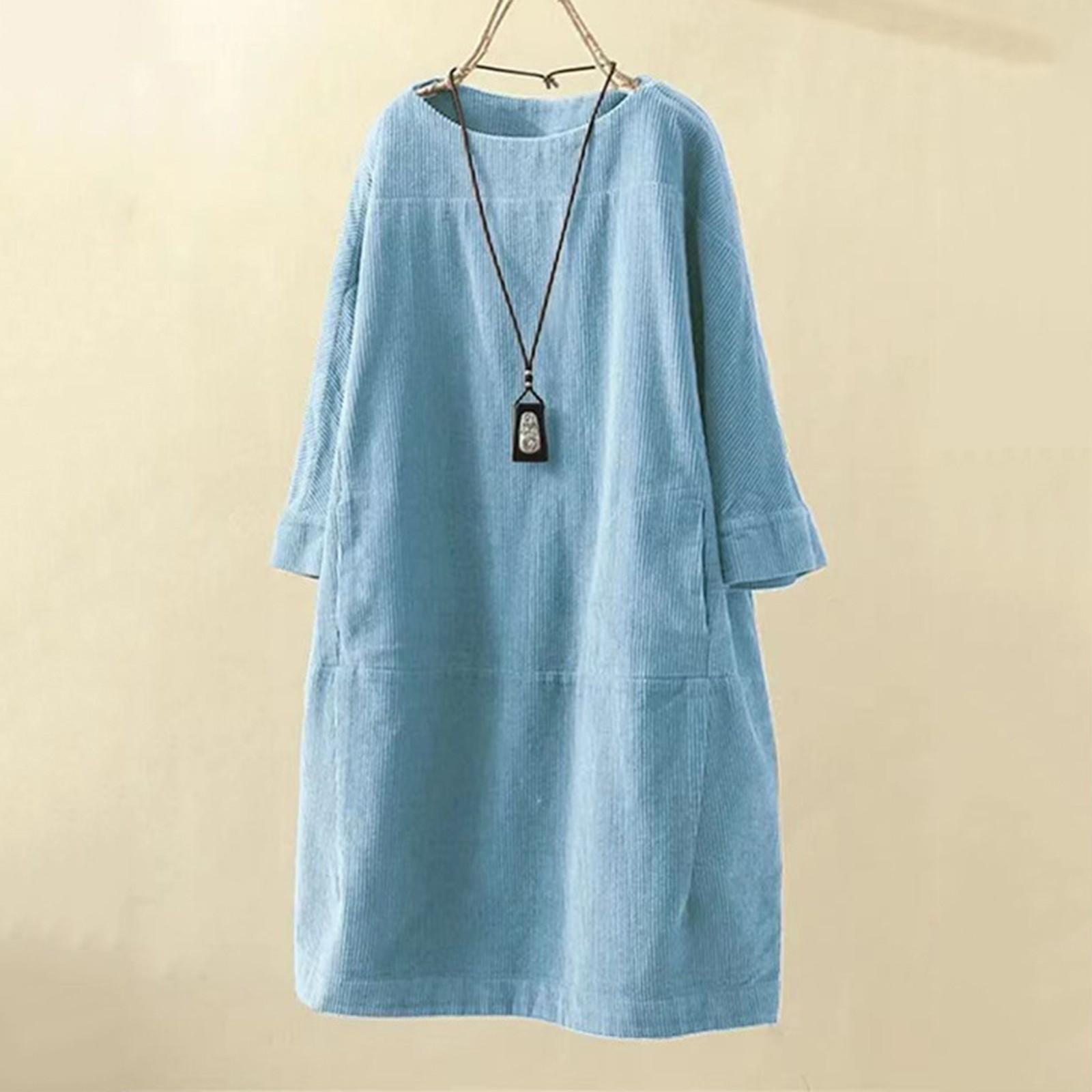 

Женское модное платье больших размеров с круглым вырезом и длинными рукавами в стиле ретро с однотонным вельветовым принтом XXXXL светло-синий