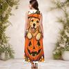 Women Plus Size Sleeveless Keyhole Neck A Line Long Dress Halloween Raccoon Pumpkin Print