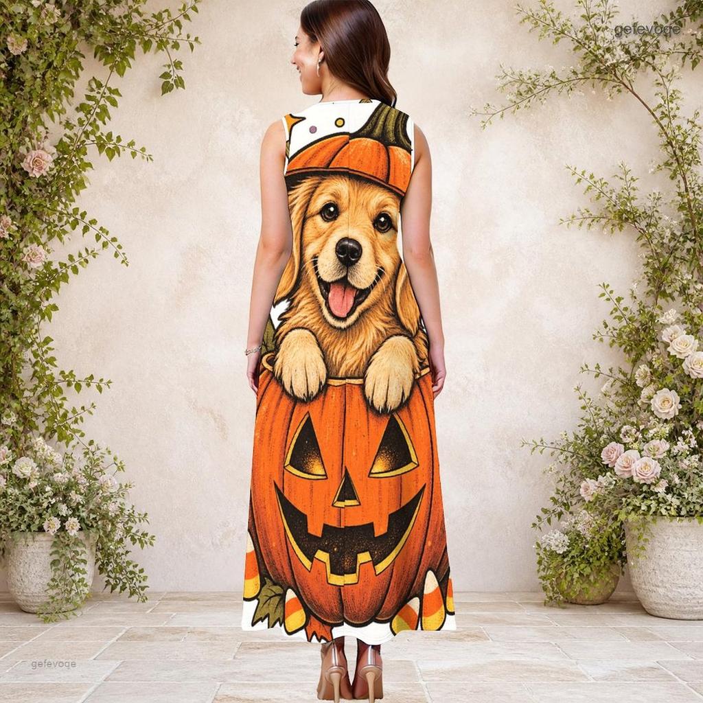 Women Plus Size Sleeveless Keyhole Neck A Line Long Dress Halloween Raccoon Pumpkin Print