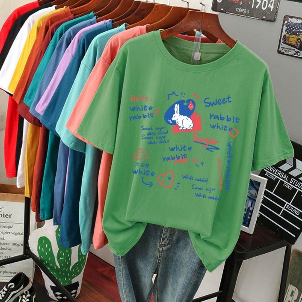 

Cartoons Cotton Women T-Shirts Sweet Sugar White Rabbit Printing Tee Shirts Loose O-Neck Soft Comfortable Tees Female Clothes 4XL