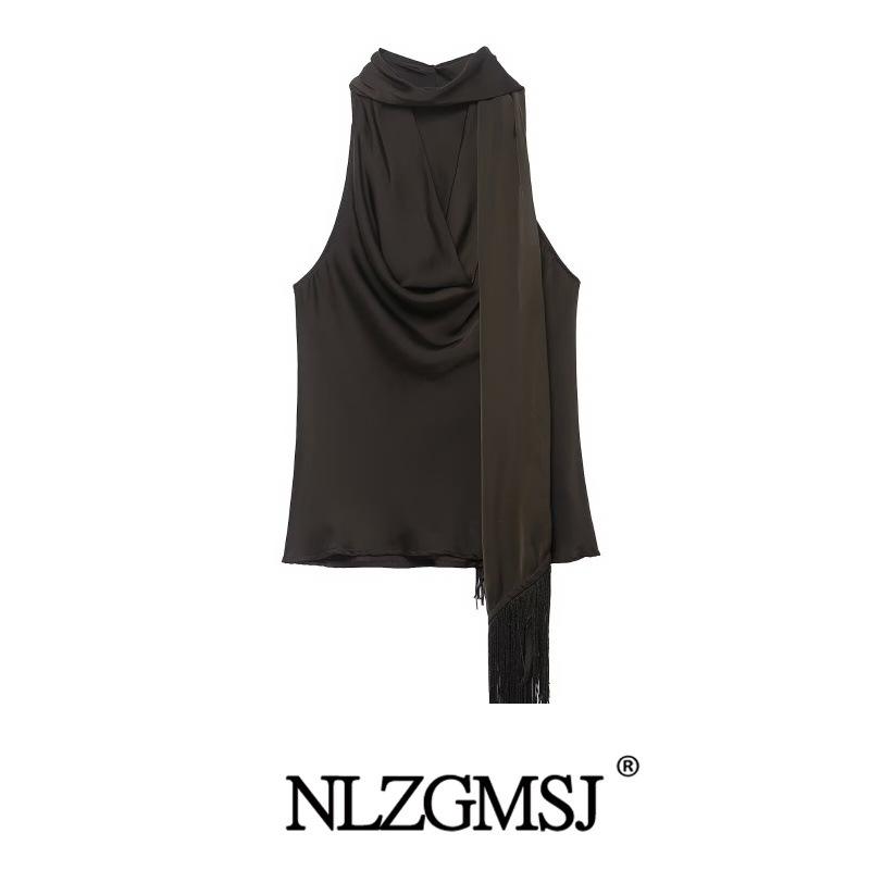 2025 Winter New Fashion European & American Tassel Silk Satin Top Extra Small