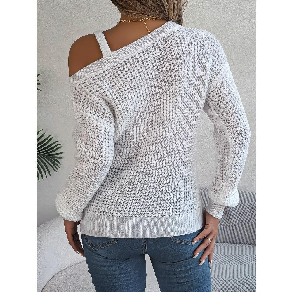 Damesweatshirt Høst/Vinter Casual Metallspenne Lappverk Off-Shoulder Klokkeermer Pullover Strikk Damer Strikket Topp