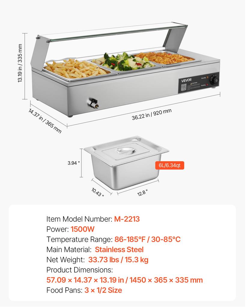 VEVOR Commercial Food Warmer, 1500W Electric Stainless Steel Steam Food Warmer with Glass Cover
