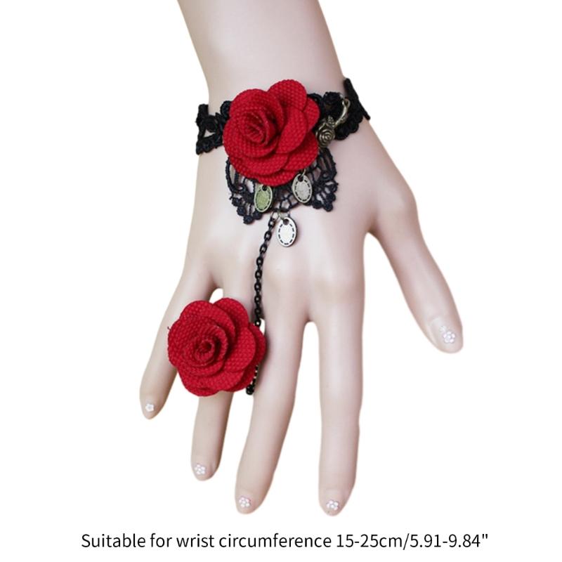Rose Lace Hand Chain Ring Bracelet Chain Tassel Coins Finger Bracelet Sweet Hand Jewelry for Women and Girls Gifts