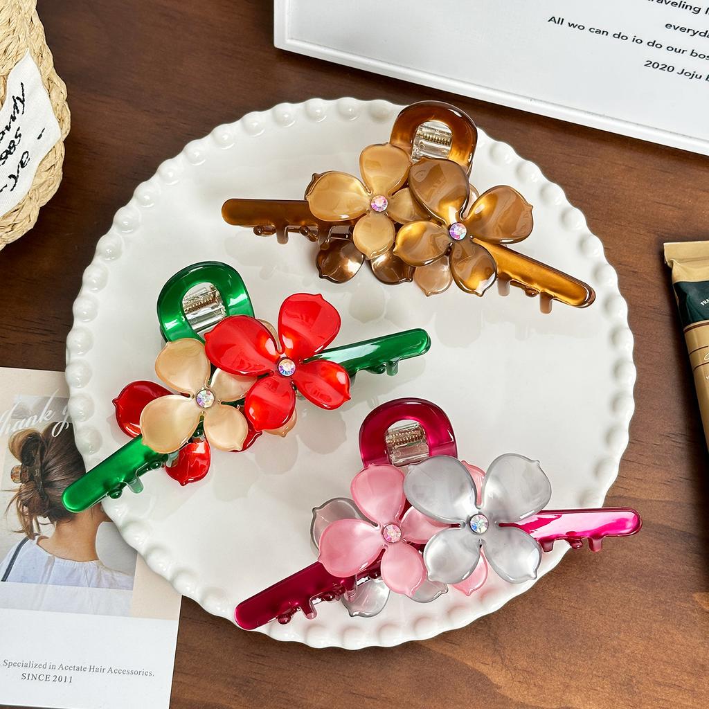 Large Extra Stylish Hair Claw Clip In Acetate With Elegant Flower Motif And Eyecatching Rhinestones Women For