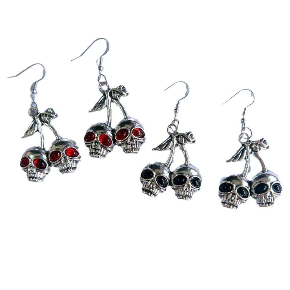 Exaggerate Gothic Sliver Color Skull Red Glass Crystal Eye Pendant Dangle Earrings for Women Halloween Party Scary Jewelry Gifts