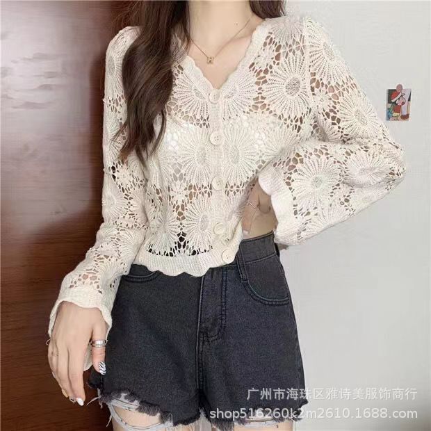 Fashion loose and thin hollow crochet knitted sweater women's new foreign style unique chic cardigan long-sleeved top