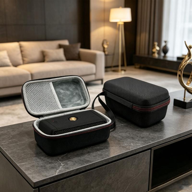 Hard Shell Speaker Storage Case, Daily Travel Bag with Mesh Pocket, Main Compartment, and Side Carry Handle Use