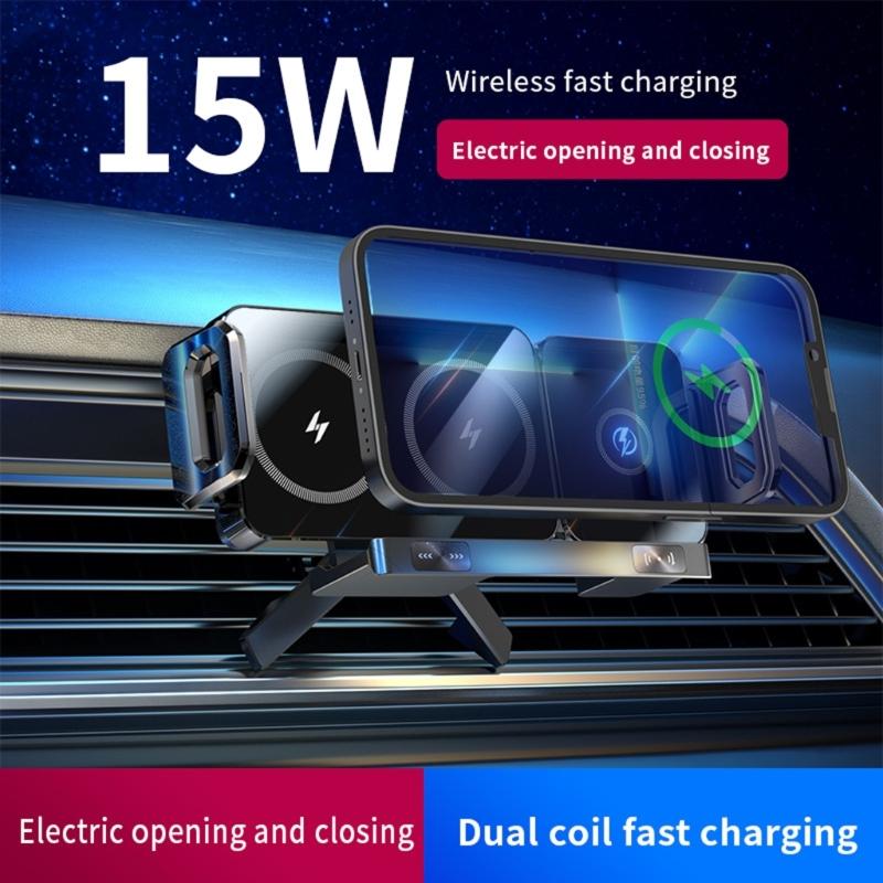 360 Rotation Magnetic Car Mount Wireless 15W Fast Charging Foldable Design Universal With Auto Clamping For Smartphones