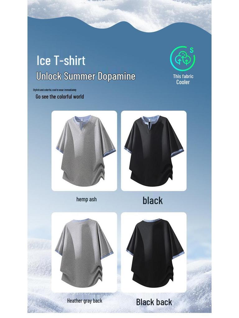 Men's Summer V-Neck Japanese Style Striped Two-Piece Look Shirt