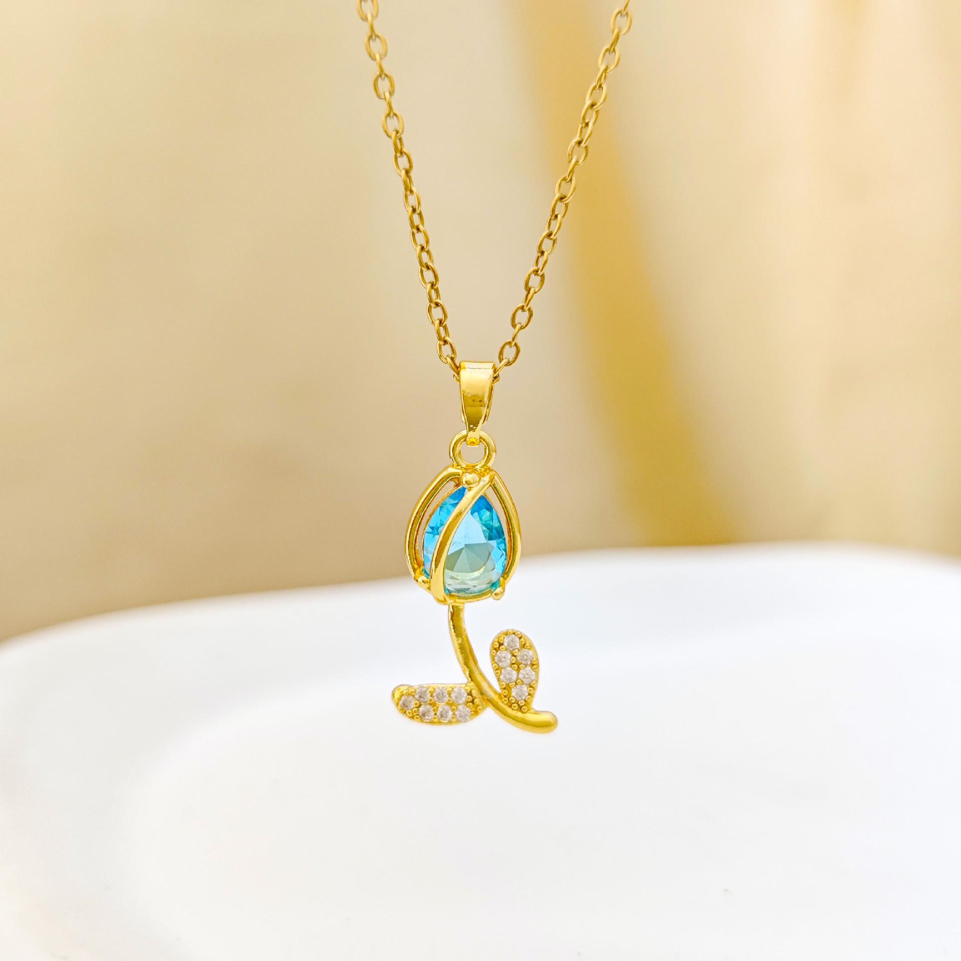 Copper Zirconia Tulip Pendant Necklace - Light Luxury Women s Clavicle Chain