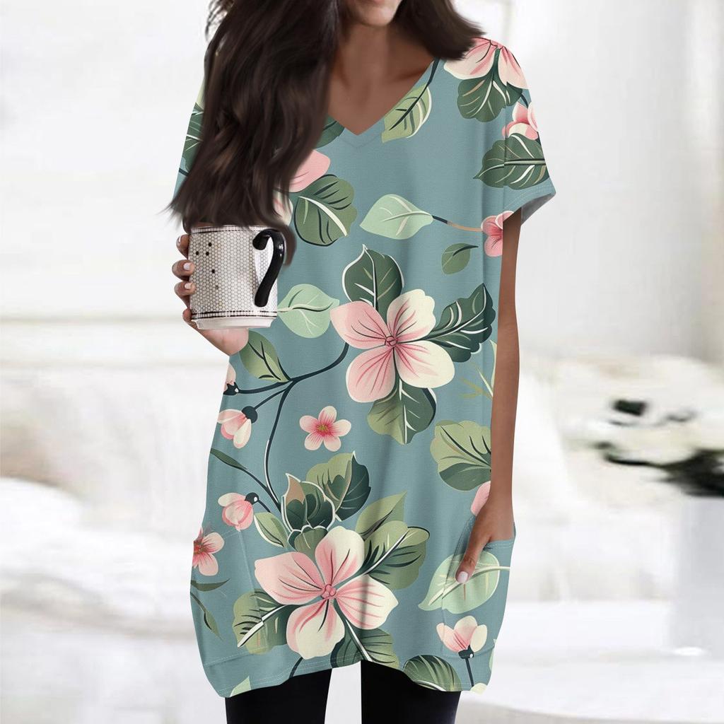 Damen Retro Blumen- und Blätterdruck V-Ausschnitt Midi Tasche Kurzarm Top