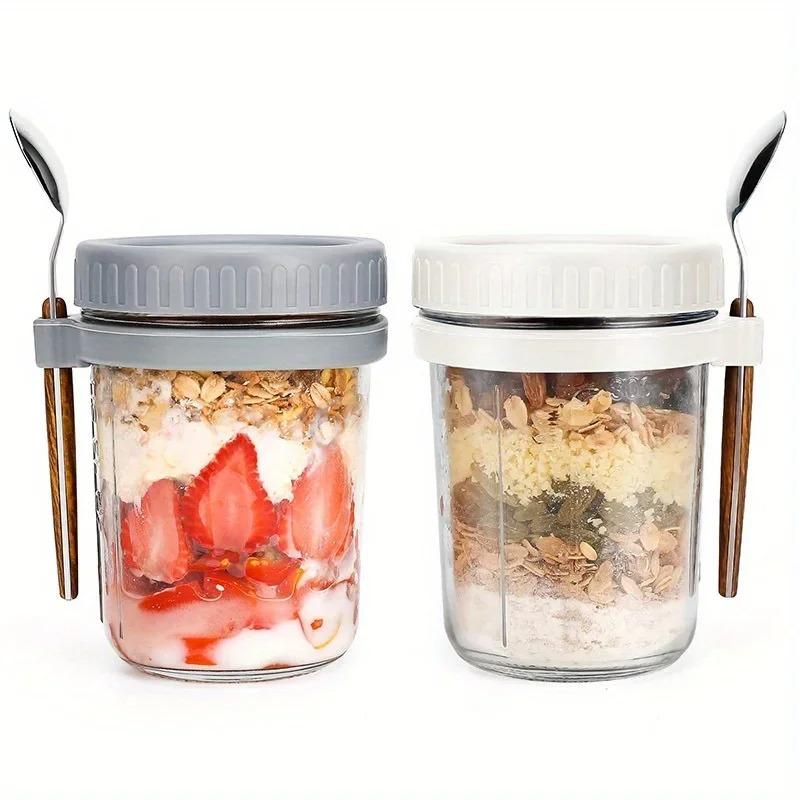 Tazza da avena notturna da 350 ml in vetro con coperchio e cucchiaio, guarnizione per alimenti, tazza per la colazione, portatile, per cereali, latte, insalata, yogurt, articolo da cucina