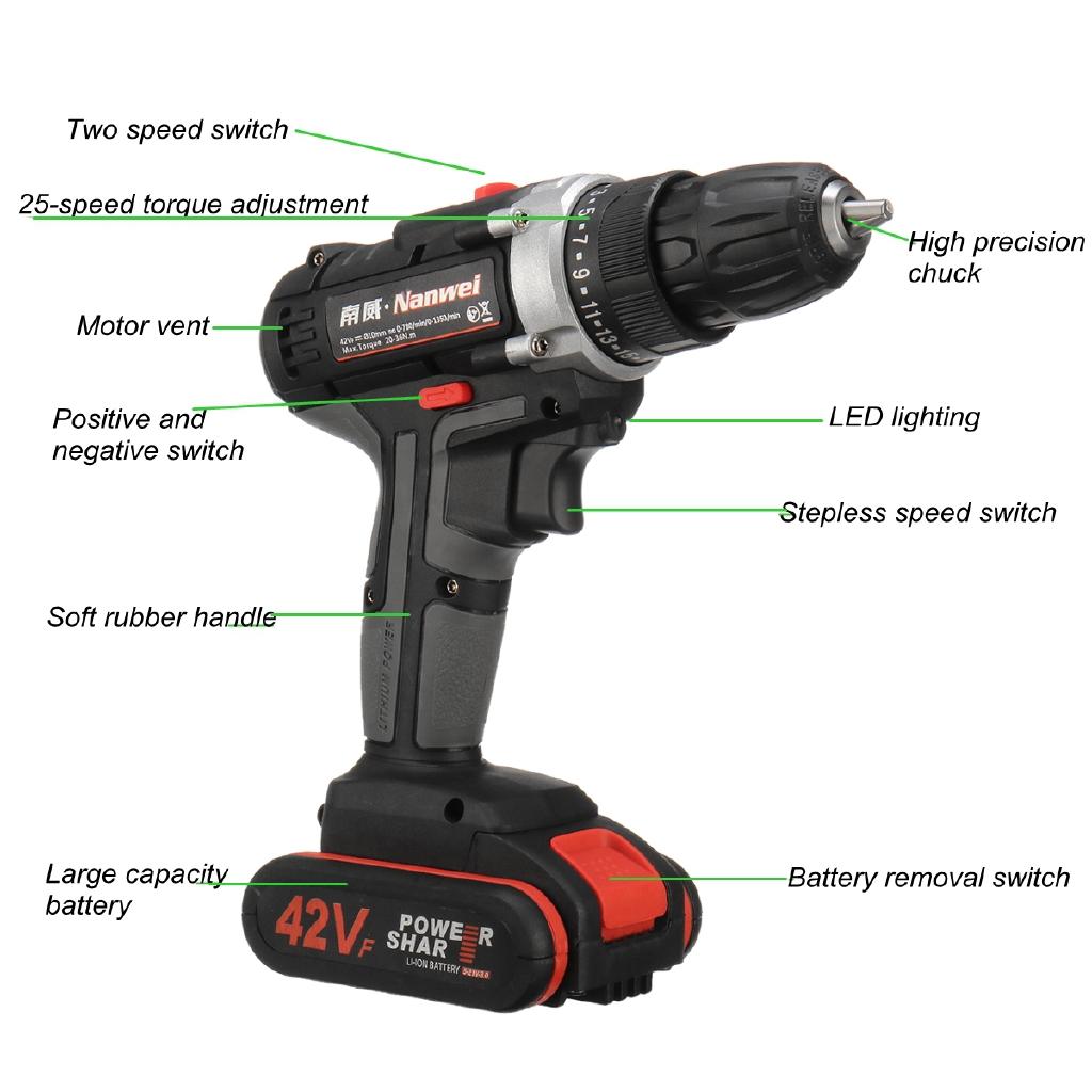 25+1 Torque 1/2pcs LI-ION Battery Dual Speed Brushless Cordless Electric Impact Drill LED Light 190mm*200mm