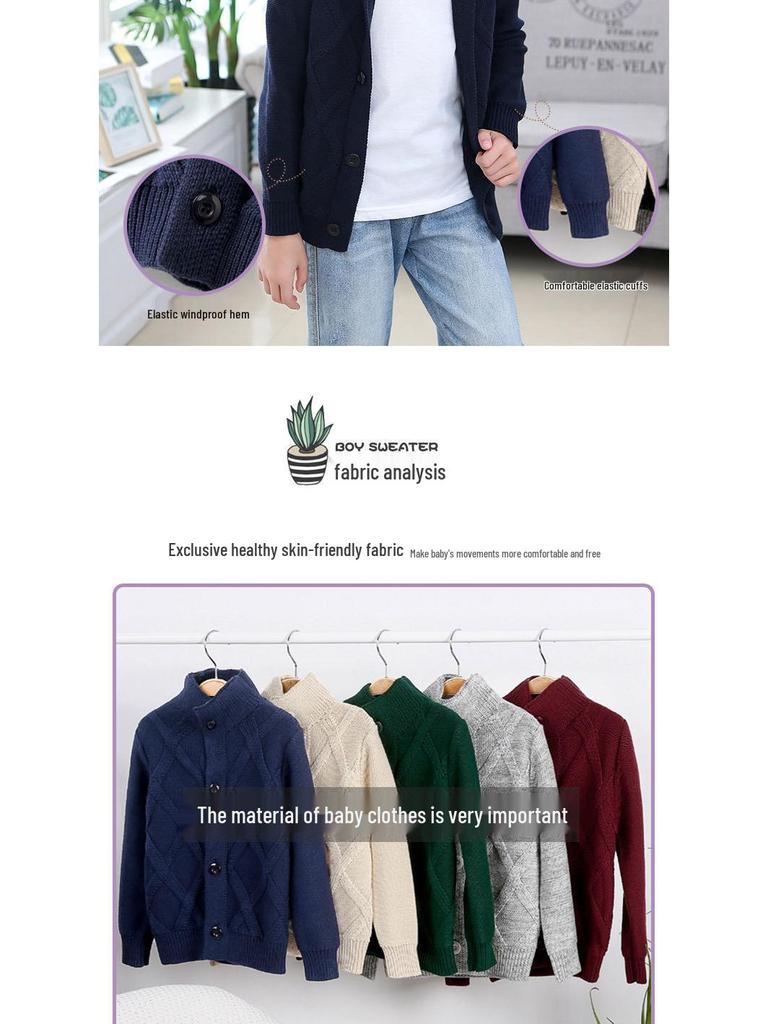 Children's High Neck Wool Cardigan - Warm Knitted Sweater for Autumn/Winter, Sizes 2-11 Years