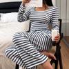 Women's Two-piece Set with A Square Trendy Striped Design Comfortable Casual Pajama New Striped Long-sleeved Wide-leg Pants