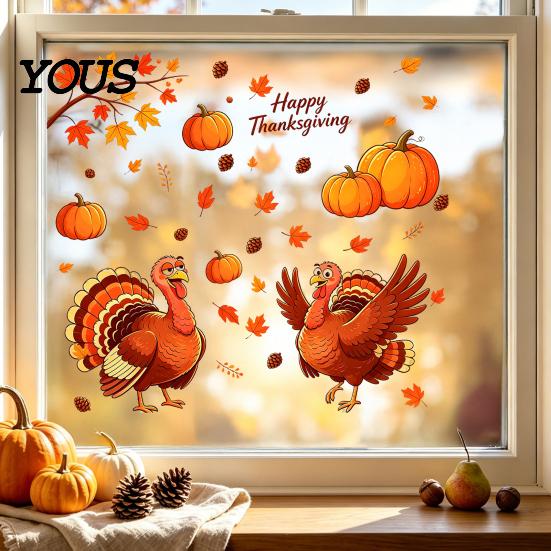 Seasonal Home Party Decorations Thanksgiving Static Window Clings, Cartoon Double Turkey Pumpkin Maple Leaf No?Glue Stickers Glass Decals,