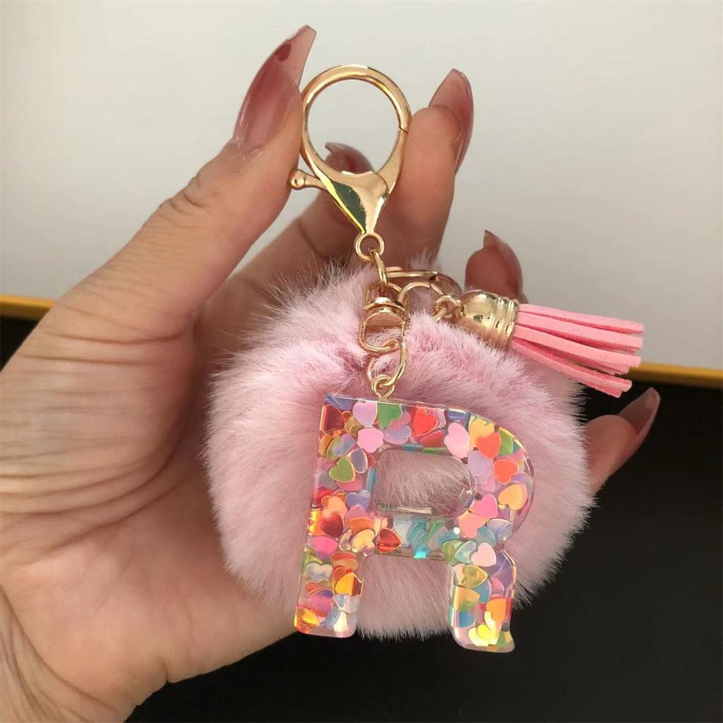 Trend Acrylic Pink Pompom Glitter 26 Initials Letter Keychain With Fluffy Resin Alphabet Charms Key Pendant Party Gift