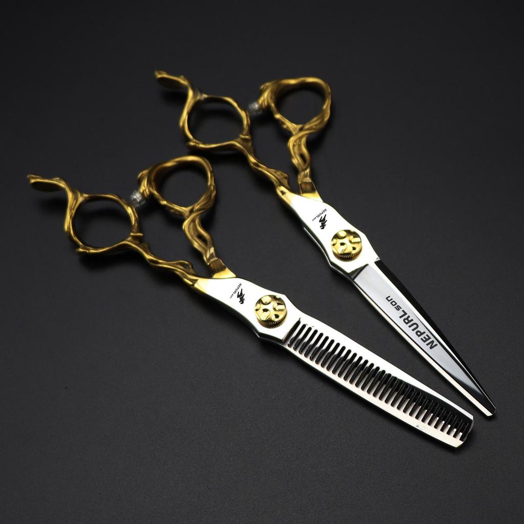 6.0" Gold Tree Root Handle Hairdressing Scissors - Straight & Thinning Shears