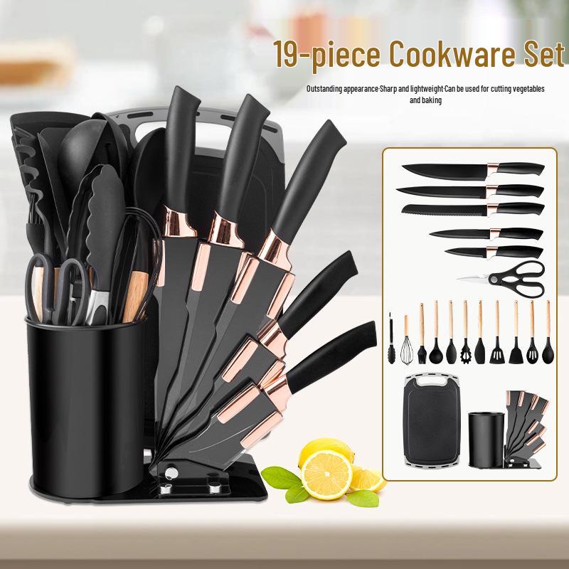 

Набор кухонной утвари из 19 предметов, силиконовый, с деревянными ручками и ведром для хранения - включает лопатки, ложки и набор ножей. Black