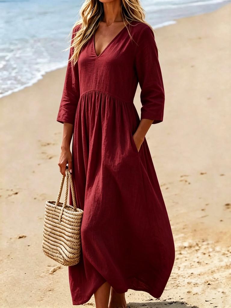 Damen V-Ausschnitt Midi Kleid Lässig Strandurlaub Einfarbig A-Linien Kleid mit Taschen