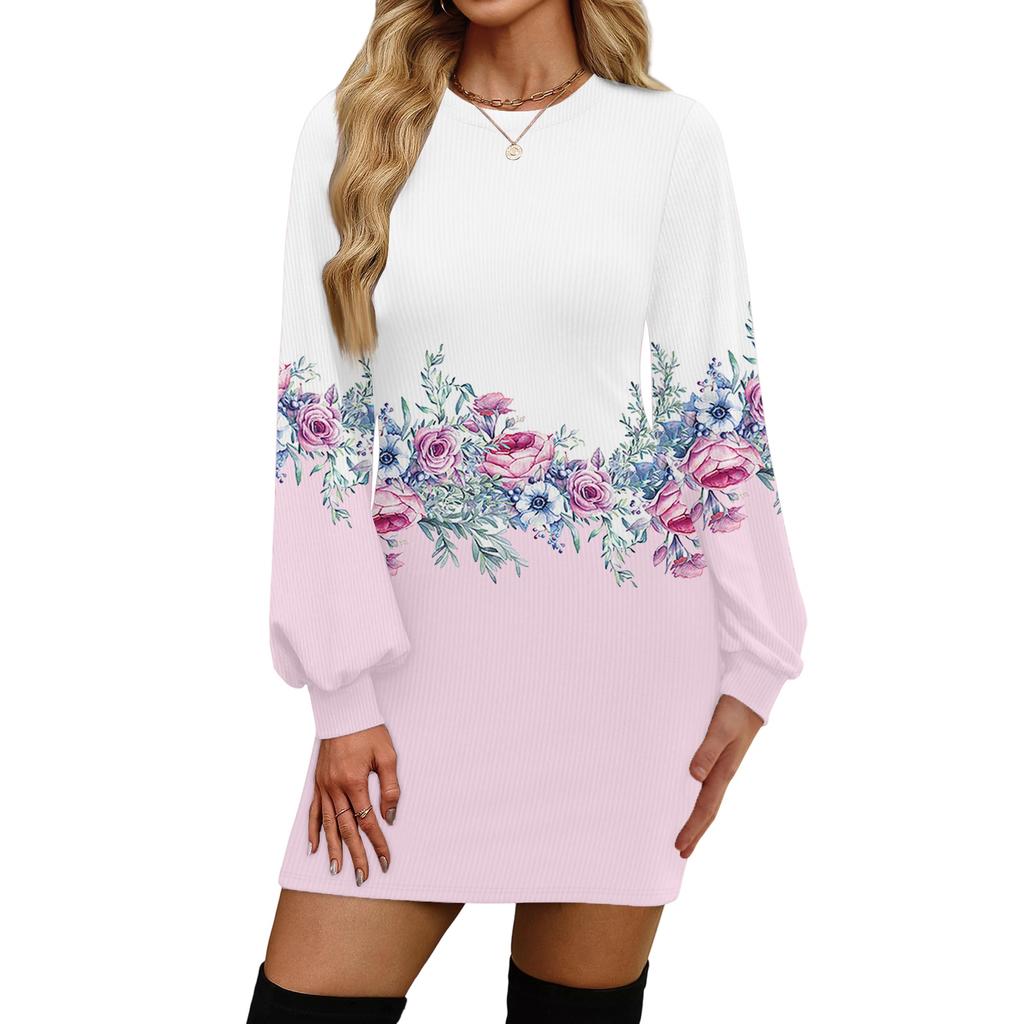 Damenmode Lässiges Rundhals Langarmkleid