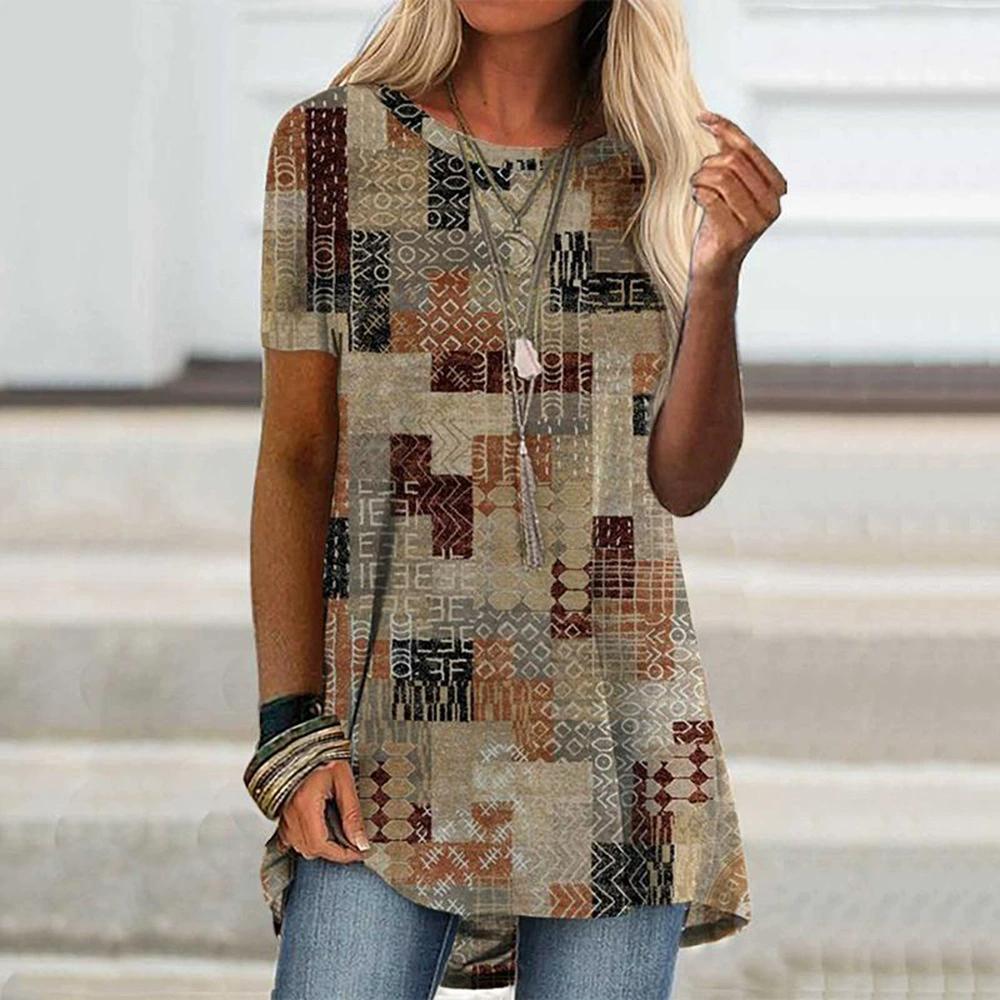 Women Fashion Round Neck T-shirt Summer Casual Digital Printed Short Sleeve Top Pullover Loose Short Top
