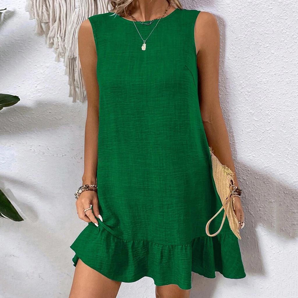 Yousheng Summer Sundress Ruffle Hem Loose Sleeveless Round Neck Solid Color A-line Mini Dress for Beach Datings Vacation