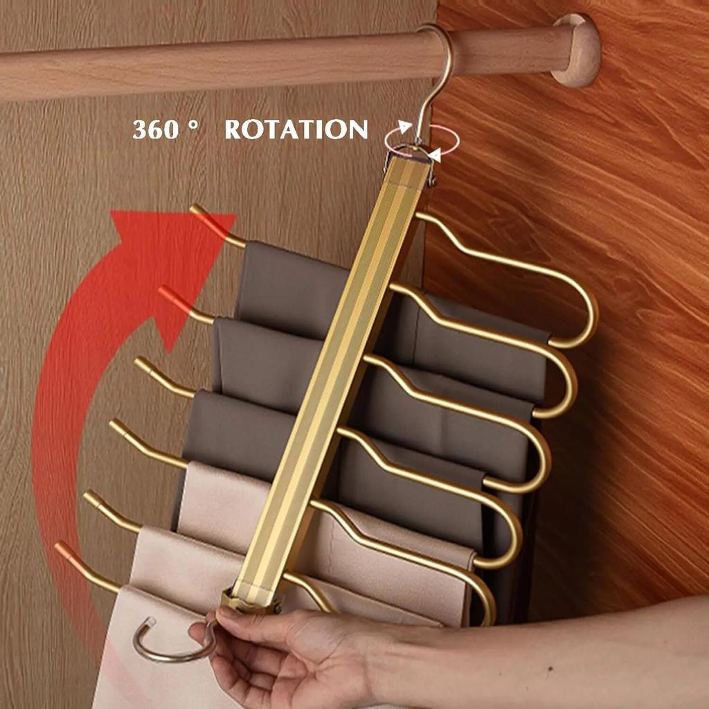 6 Tier Trouser Hangers Space Saving Foldable Holder Multi Organiser Rack Non-Slip Wardrobe Storage with Hooks for Pant Towels