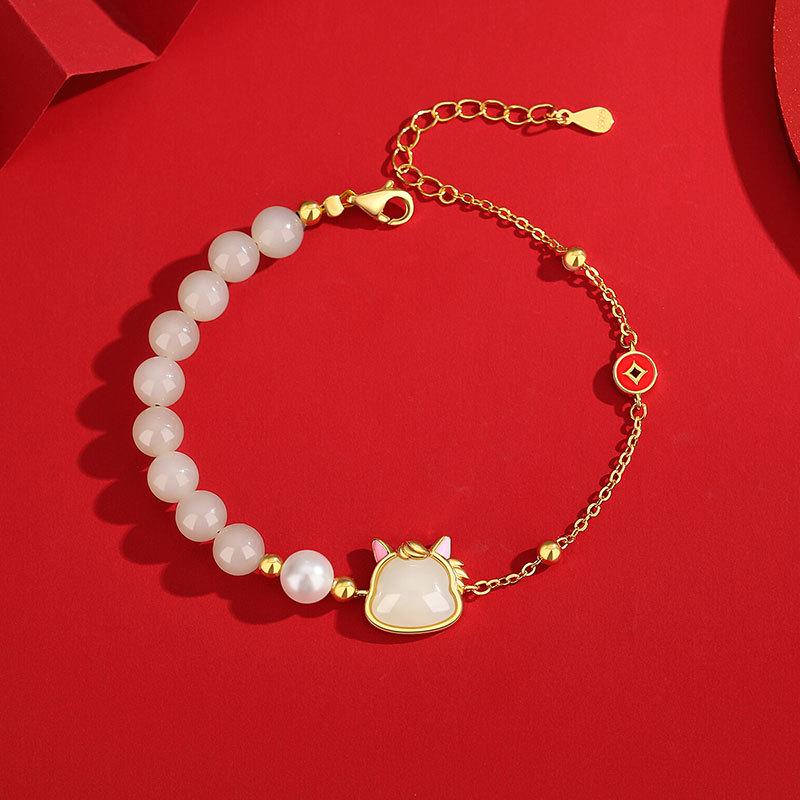 Teqiya Hetian Jade Zodiac Horse Bracelet: Women s Elegant Chinese Style Year of the Horse Accessory Sterling Silver 925