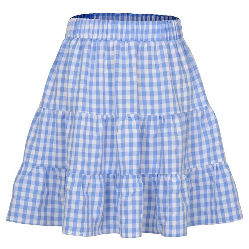 

European and American New Preppy Fresh Plaid Skirt High Waist Loose Plaid A Word Short dress Check Skirt Blue S