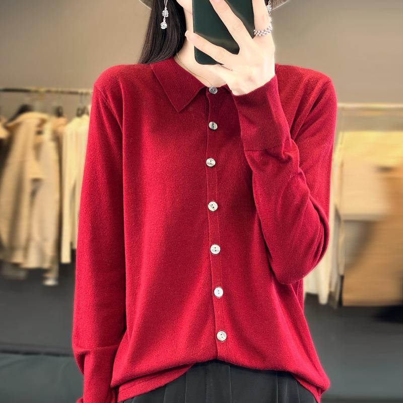 Toamnă și iarnă nou pulover cardigan tricotat cu guler de cămașă lână pieptănată, cămașă cu rever polo cu jachetă deasupra, pentru femei