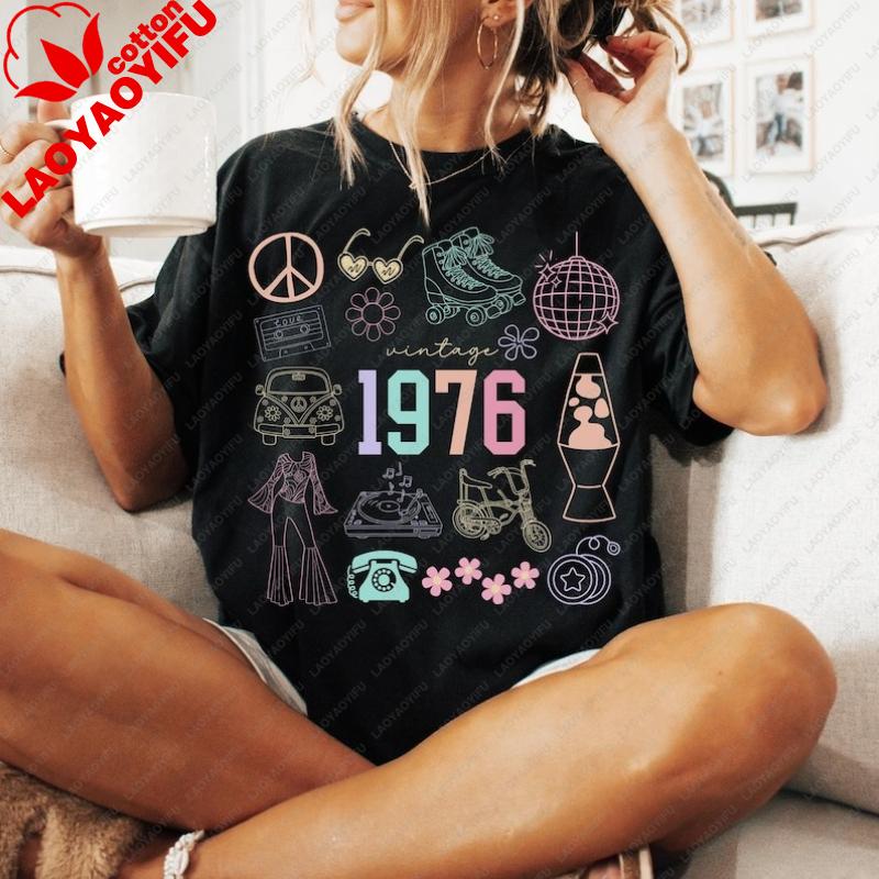 50th Birthday Cotton Casual Style Shirt For Gift Happy 1976 Fifty Bday Vintage Classic Fashion Streetwear Crewneck Shortsleev