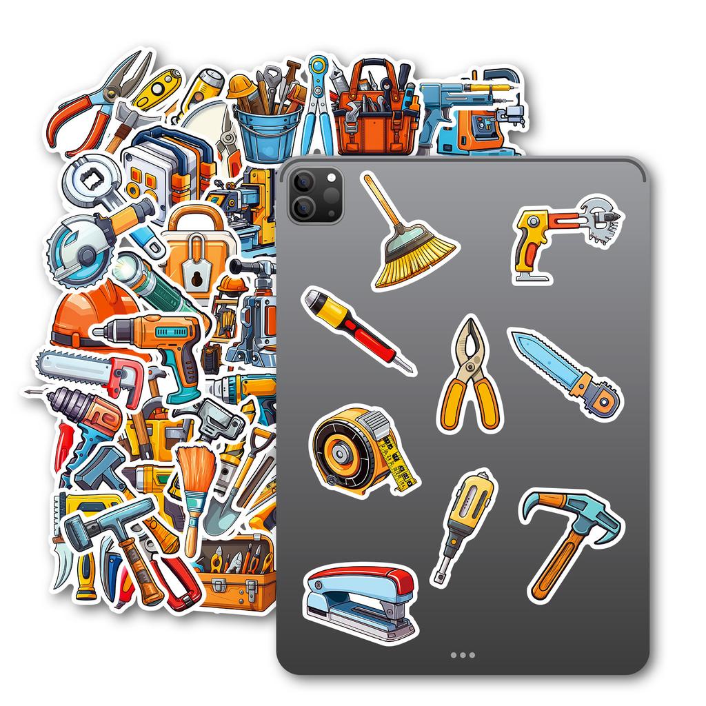 50Pcs Toolbox Graffiti Stickers - Cartoon Axe & Saw Waterproof Decals for Luggage & Skateboard Decor