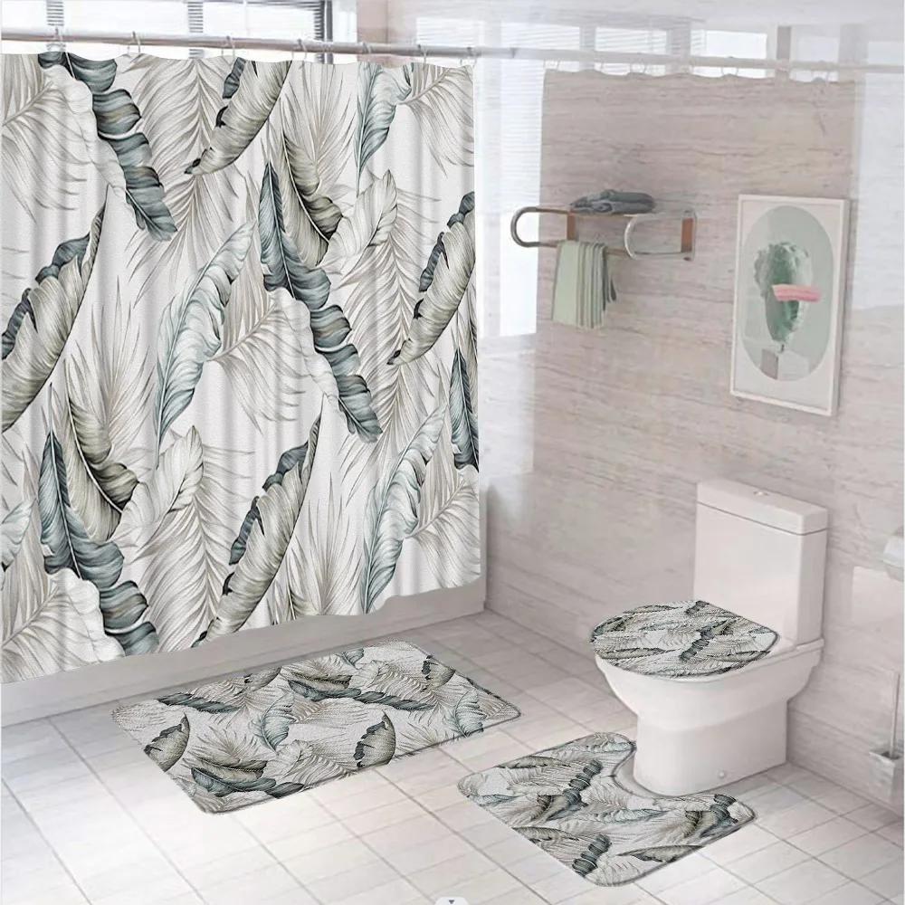 Watercolor Plant Floral Shower Curtain Set Country Wild Flower Leaves Bathroom Decor Screen Non-Slip Bath Mat Toilet Rug Carpet