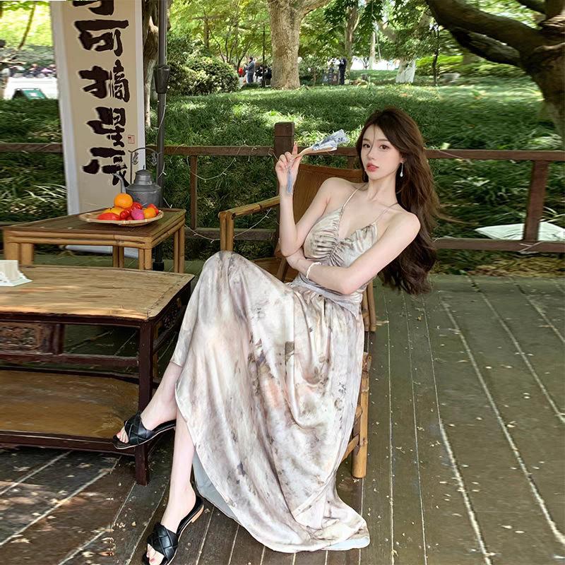 Coffee Break French Sexy Halter Floral Suspender Dress Women's Summer Sweet Spice Girls Seaside Vacation Beach Long Skirt