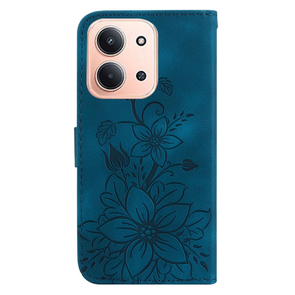 For Xiaomi Redmi 15C 5G (EU) (173mm)/15C 4G (EU) (173mm) Stand Case Lily Flower Imprint Leather Phone Cover with Wrist Strap