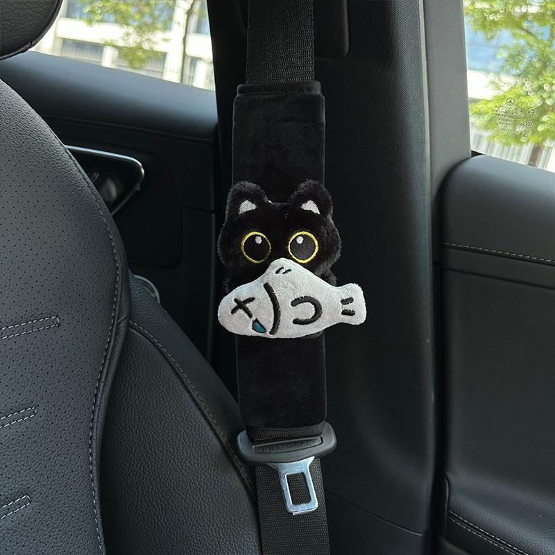 Car Seat Belt Shoulder Pads Soft Plush Black Cat Fish Print Anti-Rub Protector for Auto Decoration Travel Use