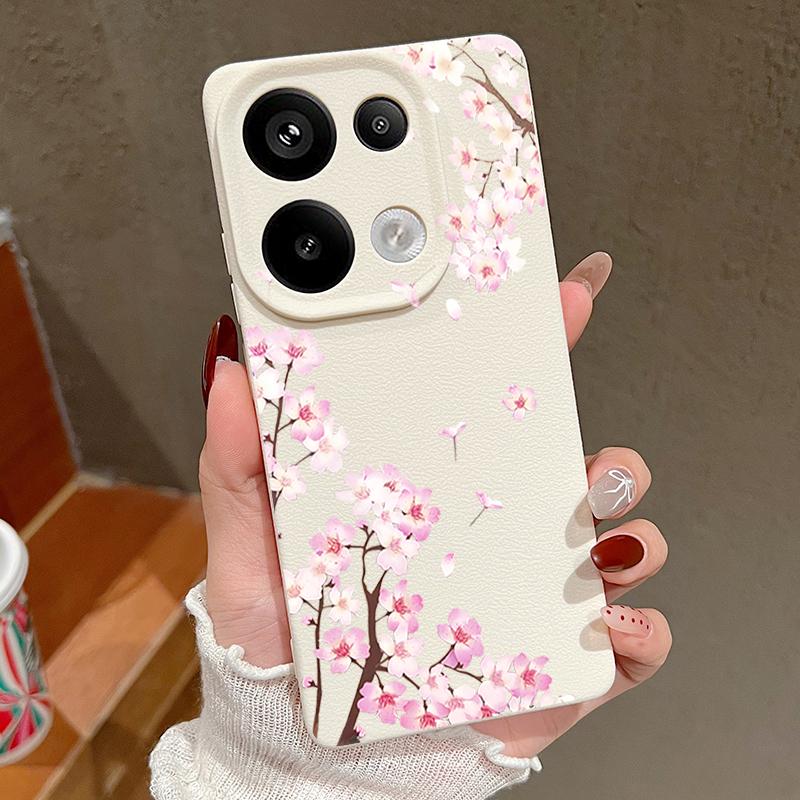 Rosa Pfirsichblüten Blumenmuster Hülle Für Xiaomi 14T 13T 11T Pro Funda Redmi Note 14 13 12 11 Pro 5G 4G Lederstruktur Silikonabdeckung