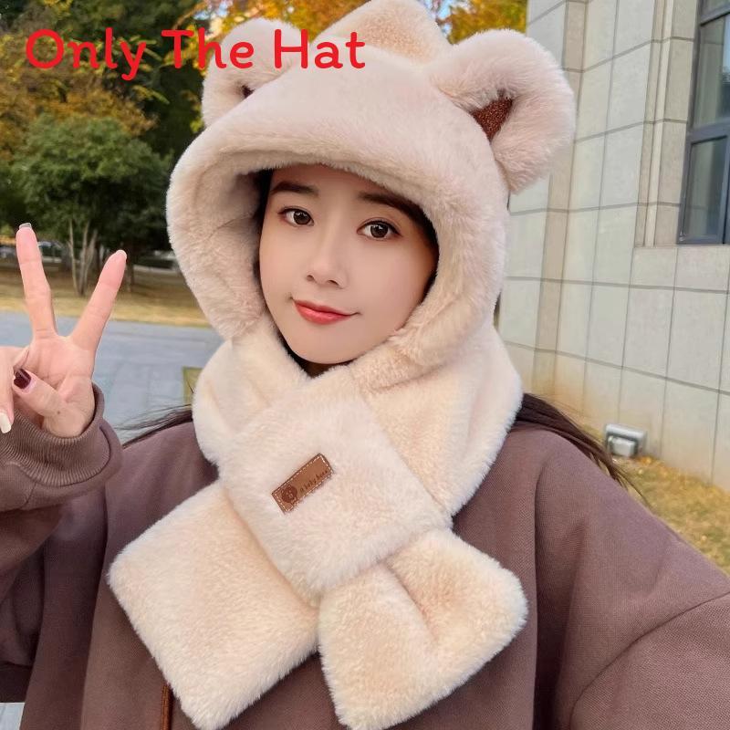 Plush Hooded Scarf For Women With Windproof Neck Cover And Soft Polyester Material
